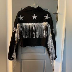 Cropped star fringe black jean jacket